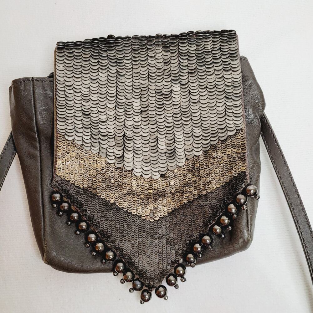 Hoss Intropia brown leather beaded metallic sequin cross body bag Boho Glam